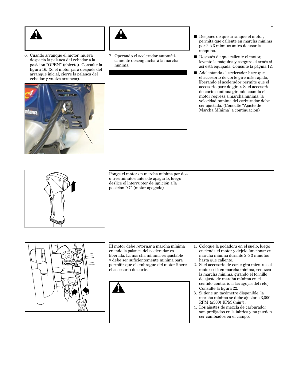 Operation, Fuel, Arranque del motor (continuación) | Parada del motor ajuste de marcha mínima del motor | Shindaiwa 81714 User Manual | Page 35 / 48