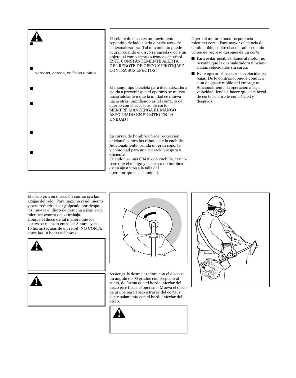 Starting cold engine, Usando un disco c3410, Operando unidades con una cuchilla | Shindaiwa 81714 User Manual | Page 37 / 48