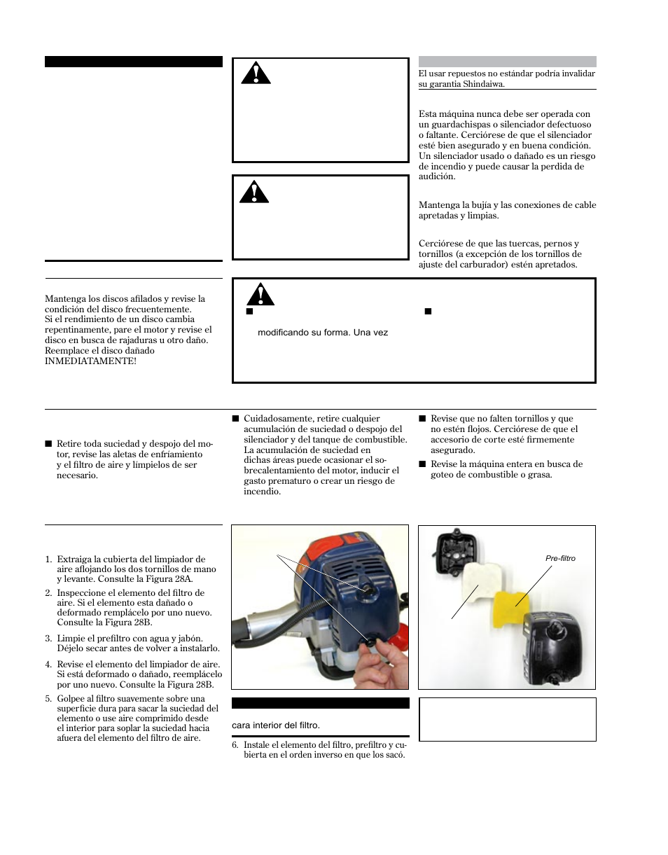 Starting warm engine, Stopping engine, Mantenimiento general | Mantenimiento diario, Mantenimiento cada 10-horas | Shindaiwa 81714 User Manual | Page 38 / 48