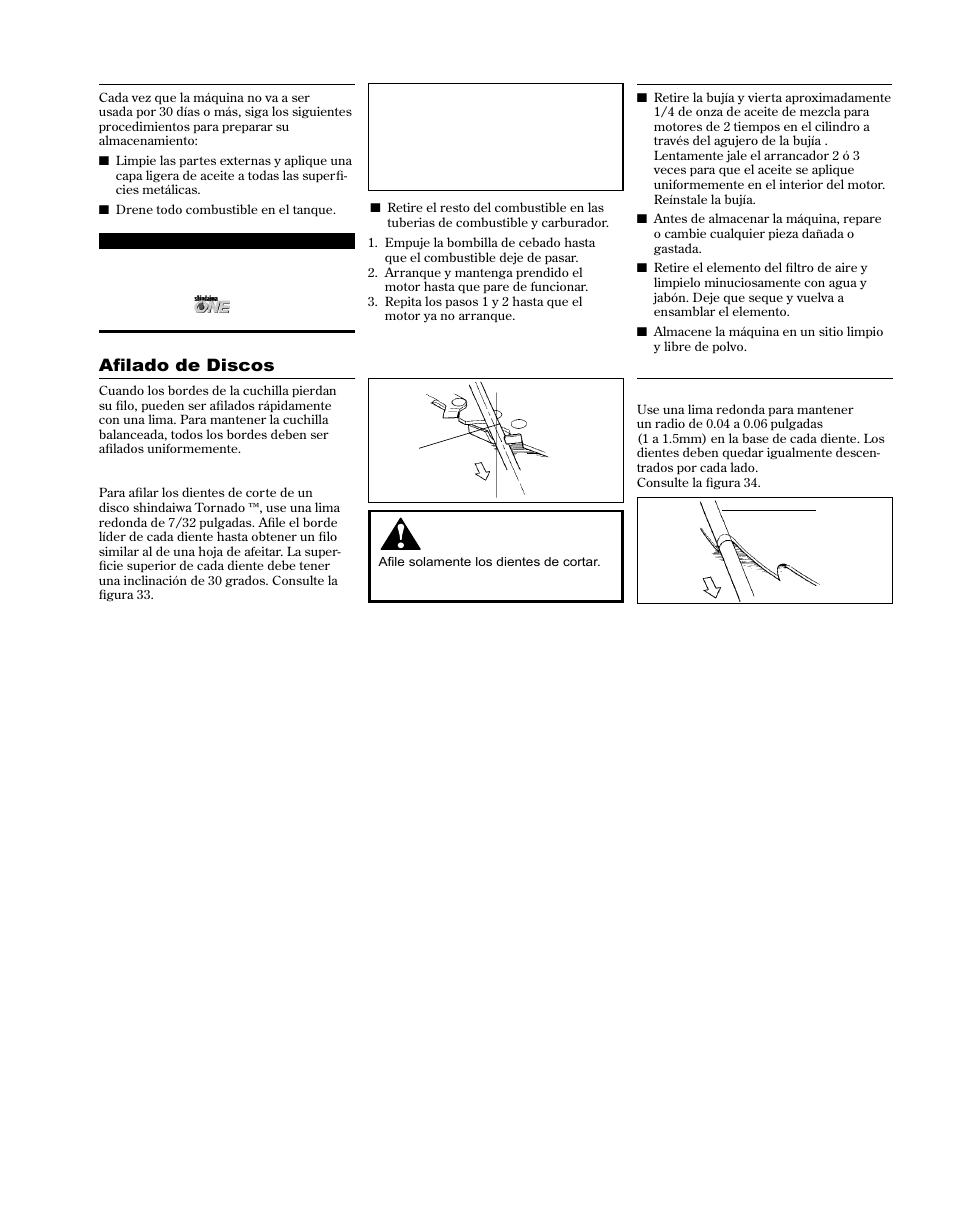 Almacenamiento de largo plazo, Afilado de discos | Shindaiwa 81714 User Manual | Page 41 / 48