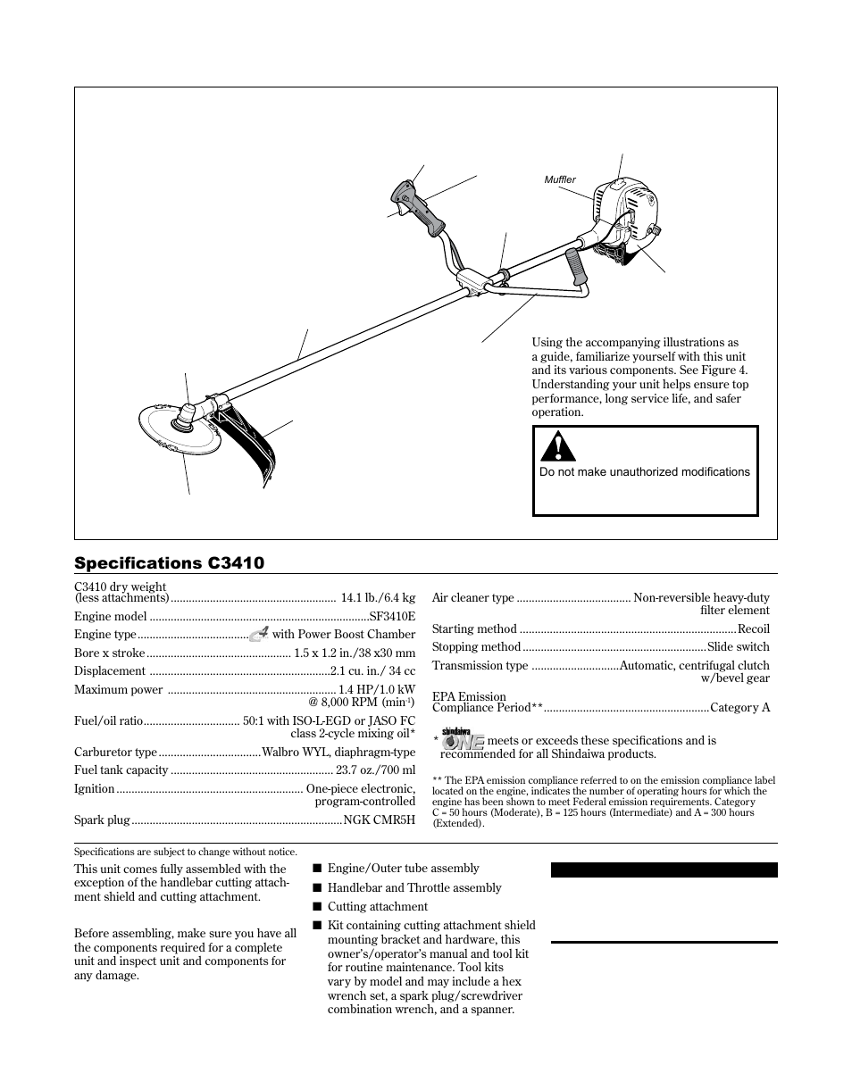 Product description, Specifications c3410 | Shindaiwa 81714 User Manual | Page 5 / 48