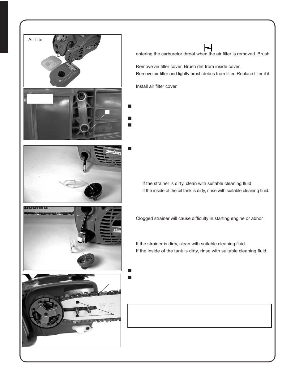 Air filter, Automatic oiler, Oil strainer | Fuel strainer, Guide bars and oil holes | Shindaiwa 82085 User Manual | Page 20 / 90