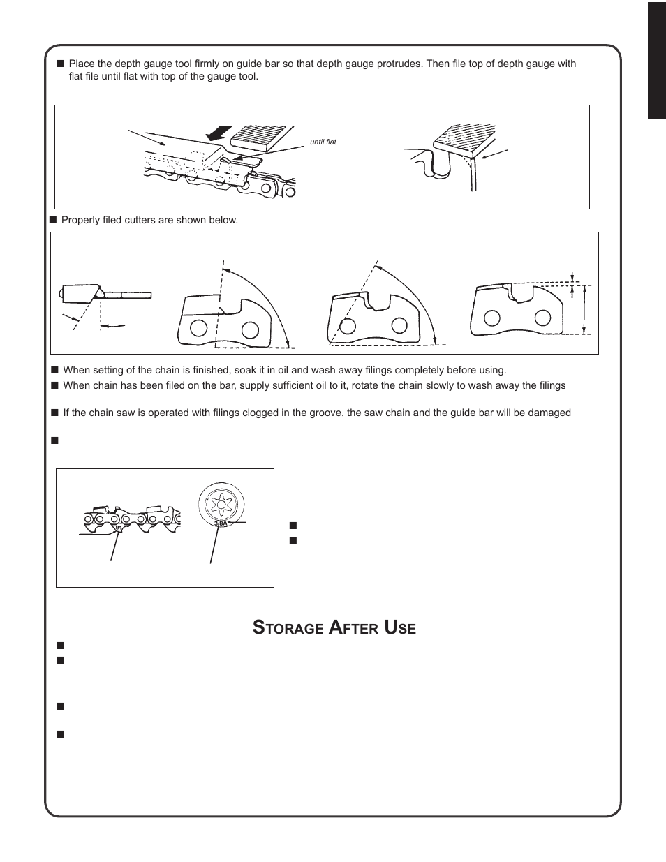 Storage after use, Chain type and sprocket pitch | Shindaiwa 82085 User Manual | Page 25 / 90