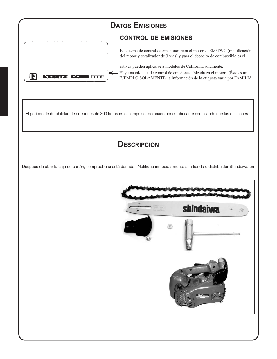 Datos emisiones, Descripción, Control de emisiones | Control, Emisiones, Atos, Misiones, Escripción | Shindaiwa 82085 User Manual | Page 36 / 90