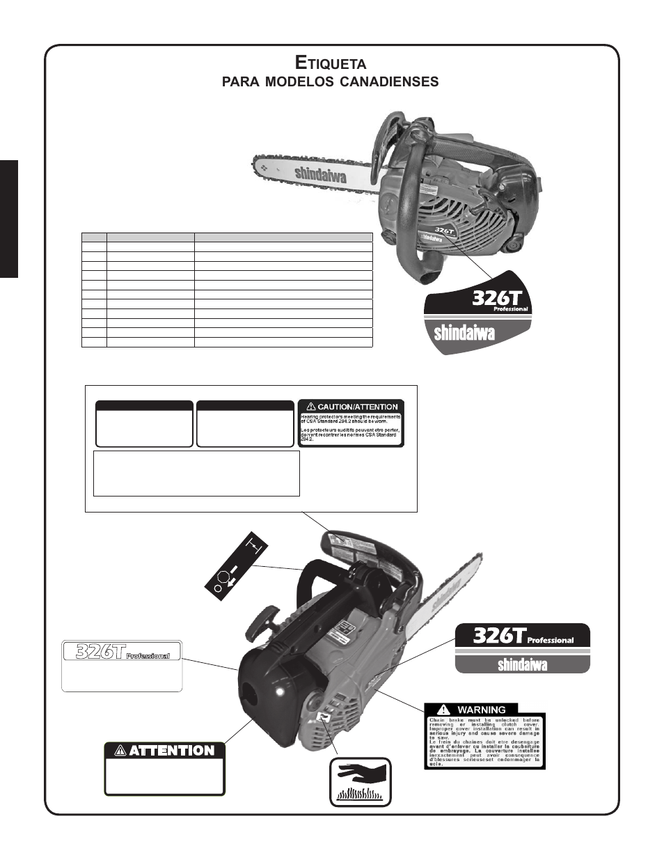 Etiqueta, 326t, Tiqueta | Para, Modelos, Canadienses, Español, Sp_8 | Shindaiwa 82085 User Manual | Page 38 / 90