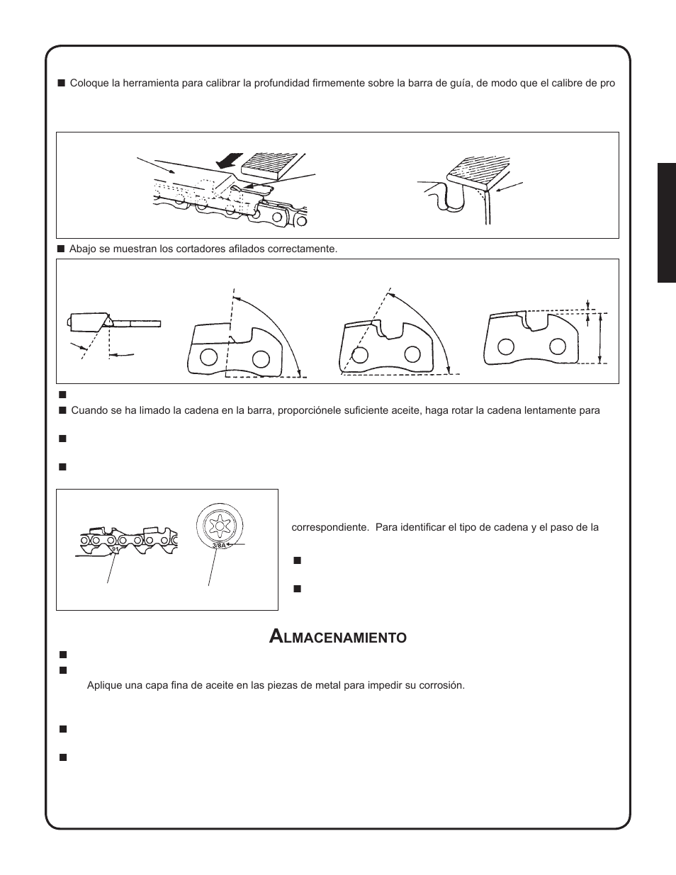 Almacenamiento, Tipo de cadena y paso de la rueda dentada, Lmacenamiento | Shindaiwa 82085 User Manual | Page 55 / 90