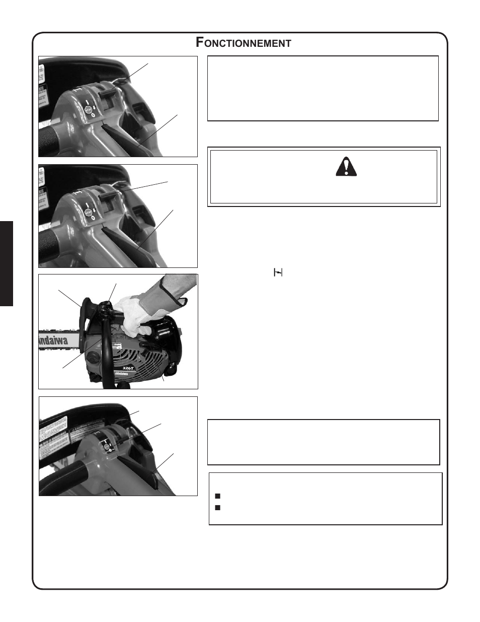 Fonctionnement, Démarrage d’un moteur froid, Avertissement danger | Onctionnement | Shindaiwa 82085 User Manual | Page 74 / 90