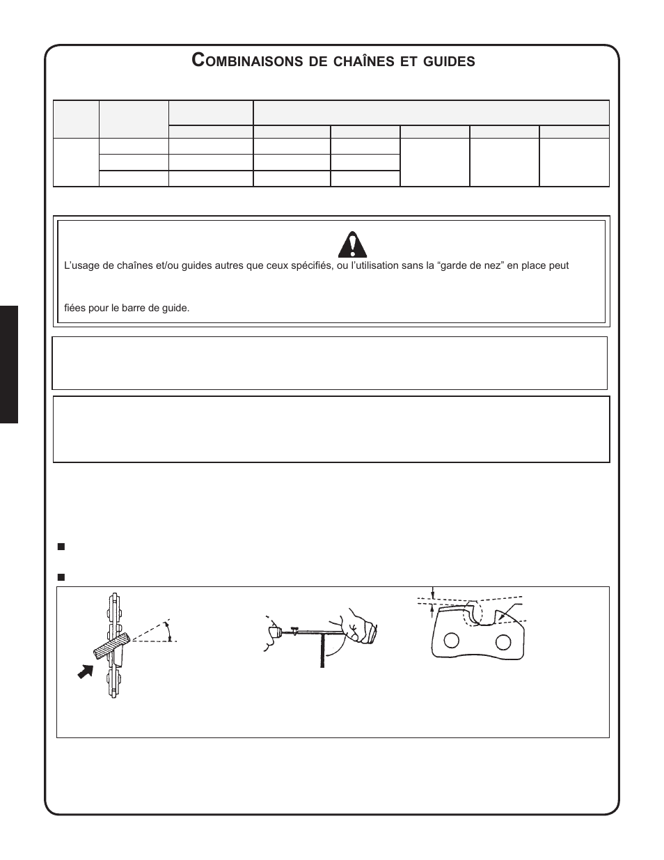 Combinaisons de chaînes et guides, Aiguisage de la chaîne, Ombinaisons | Chaînes, Guides | Shindaiwa 82085 User Manual | Page 84 / 90