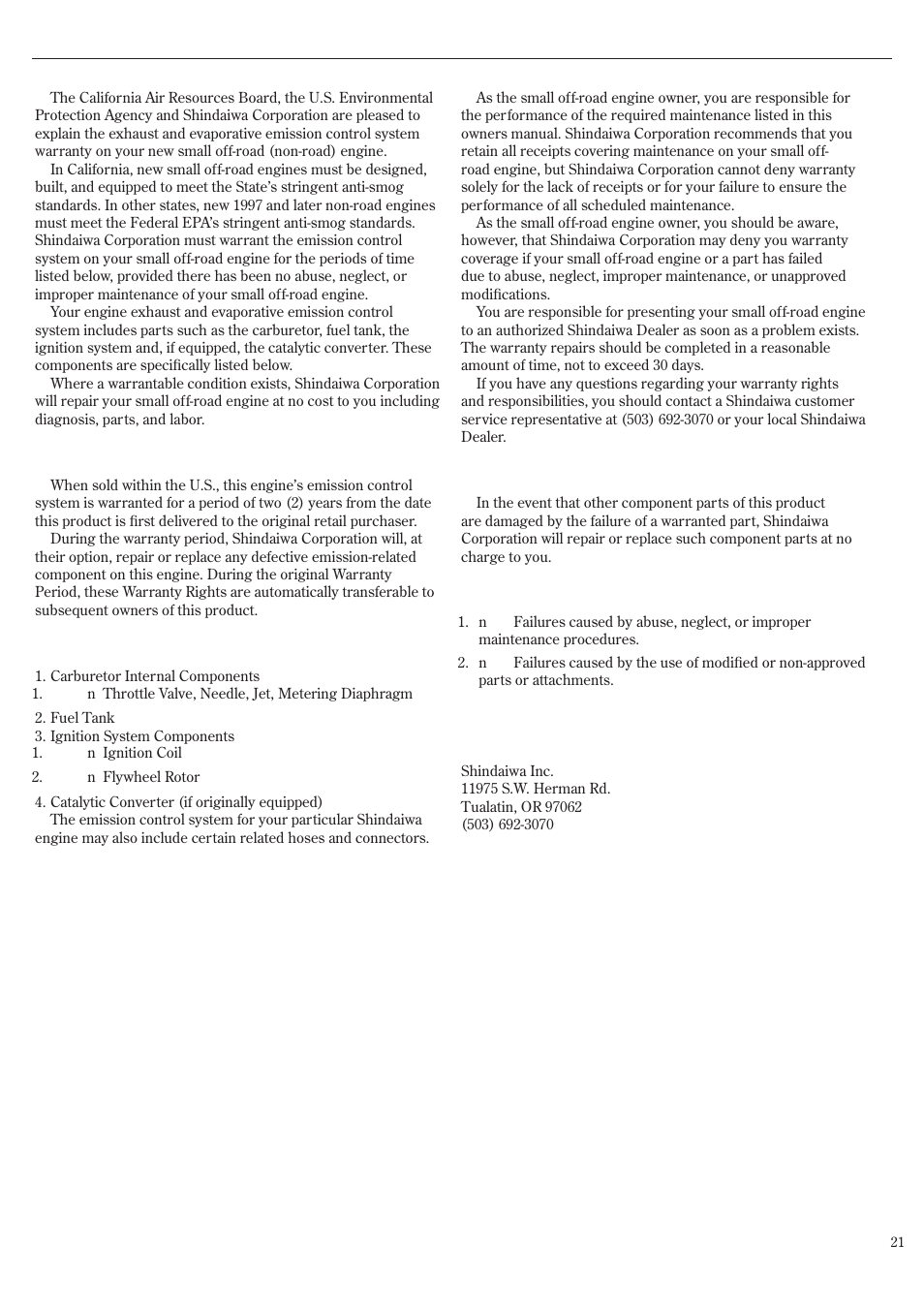 Emission system warranty statement | Shindaiwa 62891-94311 User Manual | Page 21 / 68