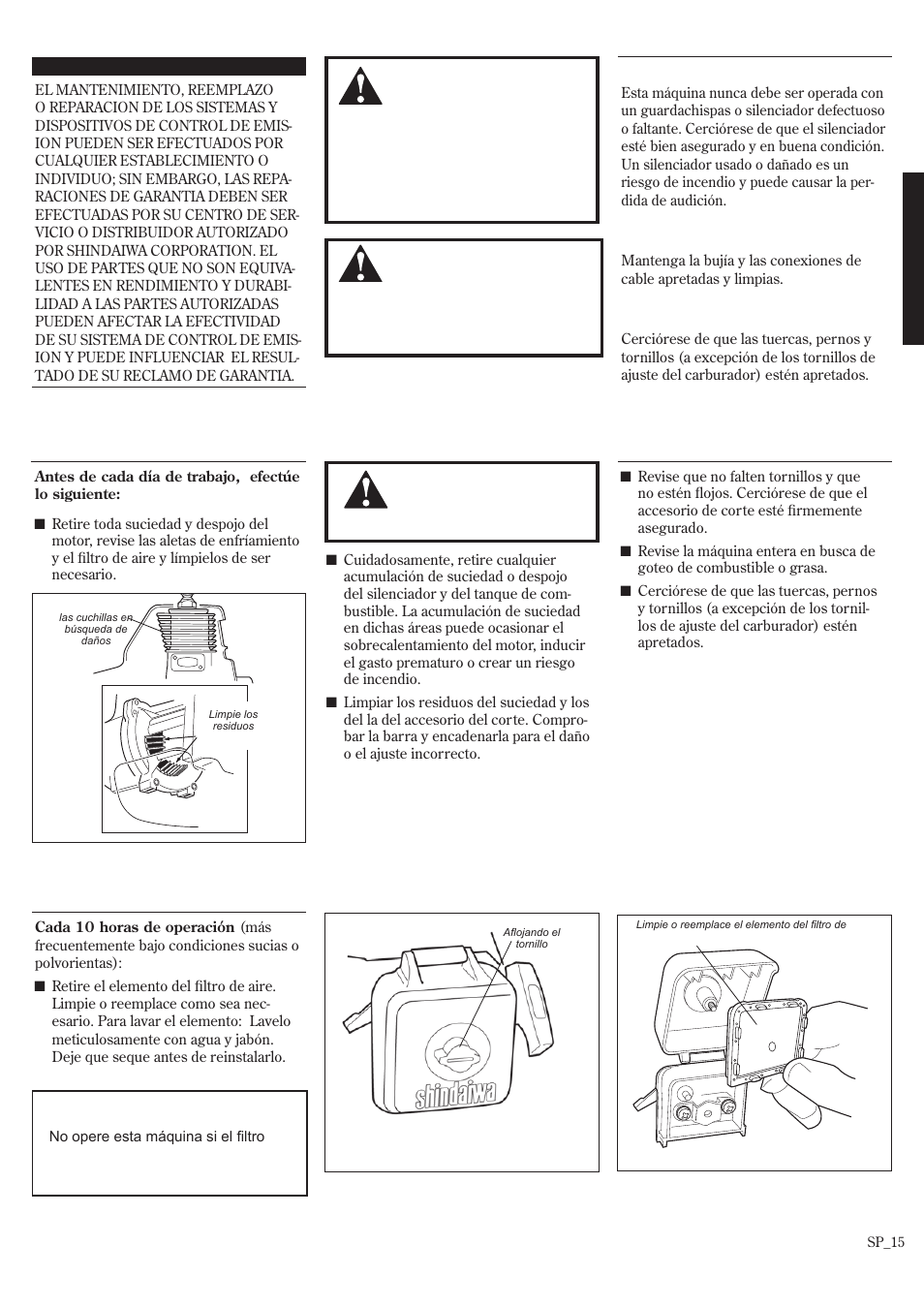 Mantenimiento general, Cada 10 horas mantenimiento, Mantenimiento diario | Shindaiwa 62891-94311 User Manual | Page 37 / 68