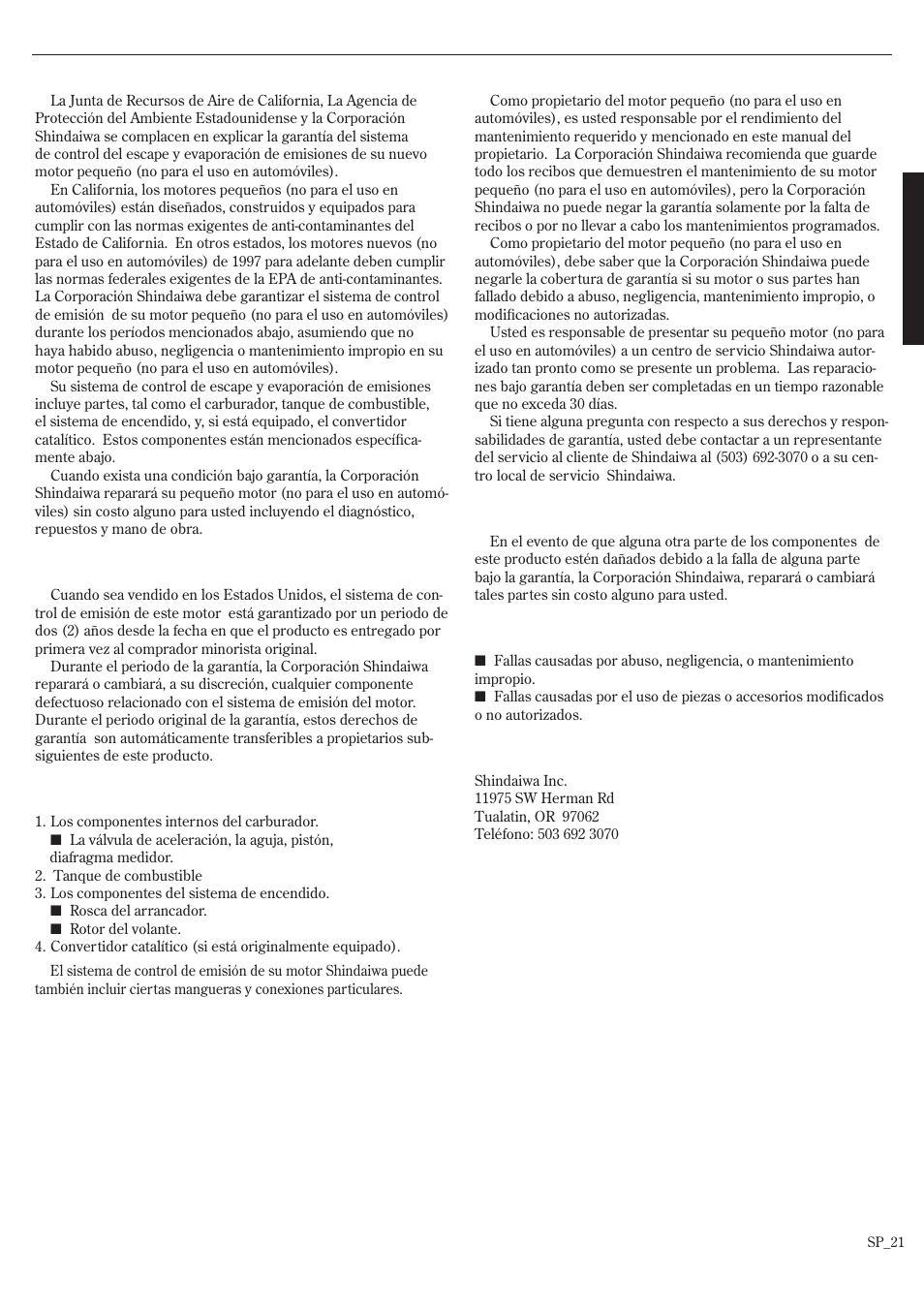 Declaración de garantía del sistema de emisión | Shindaiwa 62891-94311 User Manual | Page 43 / 68