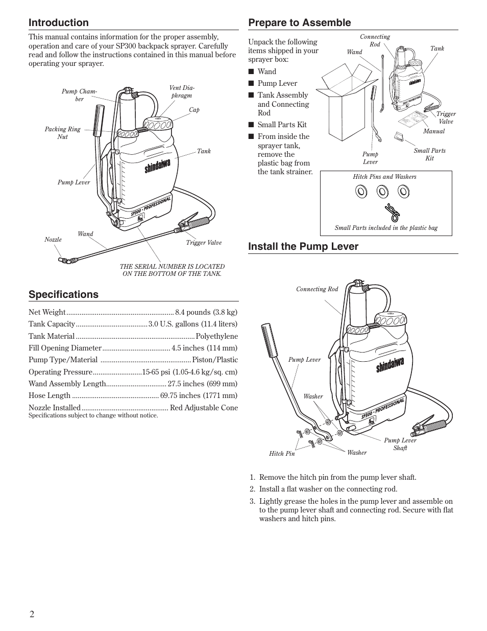 Specifications, Install the pump lever, Introduction | Prepare to assemble | Shindaiwa SP300 User Manual | Page 2 / 12