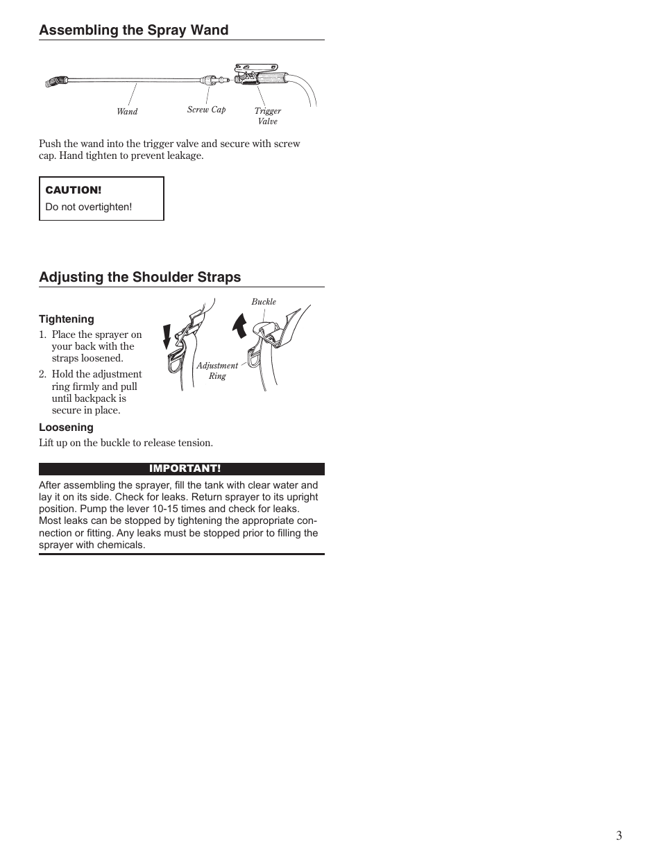 Assembling the spray wand, Adjusting the shoulder straps | Shindaiwa SP300 User Manual | Page 3 / 12