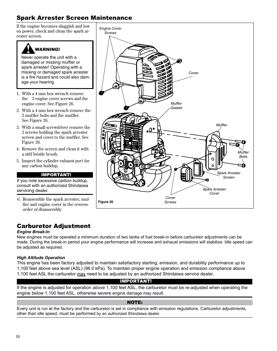 Carburetor adjustment, Spark arrester screen maintenance | Shindaiwa HT254EF User Manual | Page 16 / 28