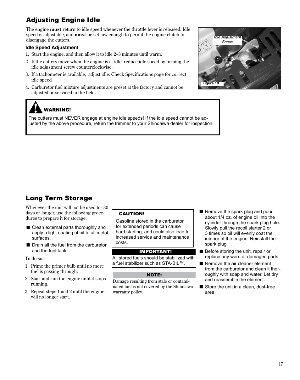 Adjusting engine idle, Long term storage | Shindaiwa HT254EF User Manual | Page 17 / 28