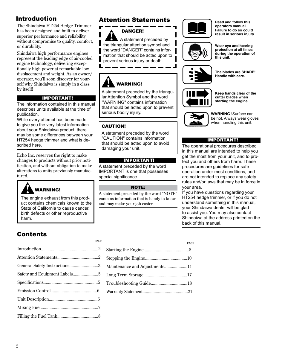 Shindaiwa HT254EF User Manual | Page 2 / 28