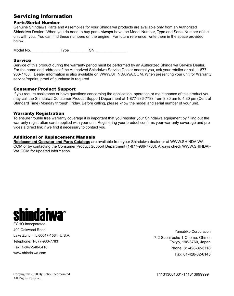 Servicing information | Shindaiwa HT254EF User Manual | Page 28 / 28