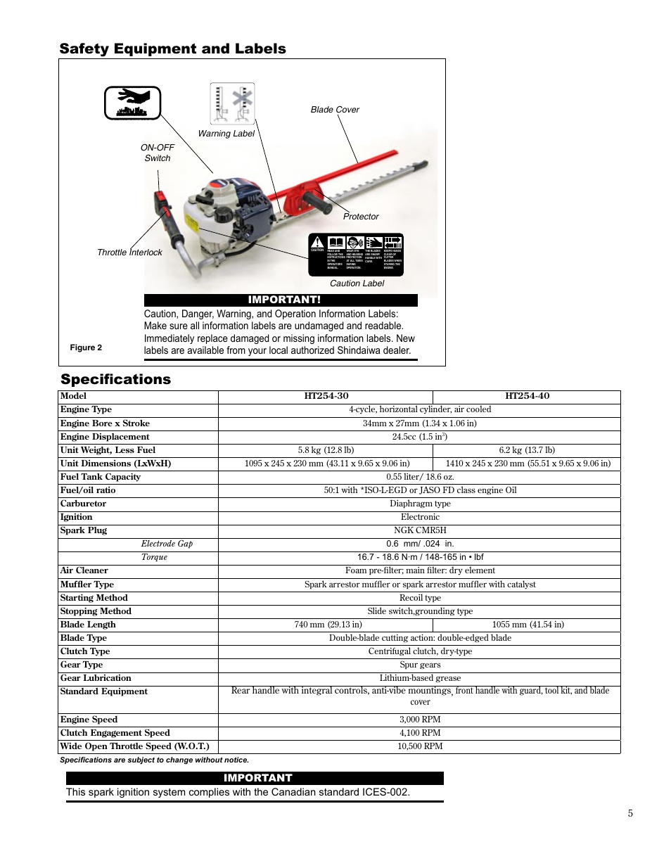 Safety equipment and labels, Specifications | Shindaiwa HT254EF User Manual | Page 5 / 28