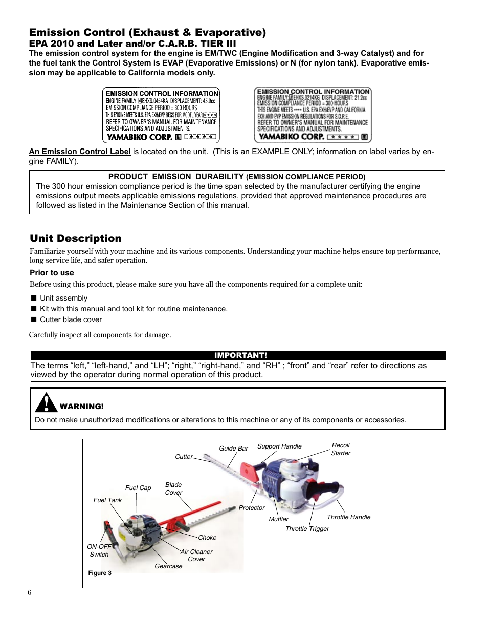 Unit description, Emission control (exhaust & evaporative) | Shindaiwa HT254EF User Manual | Page 6 / 28