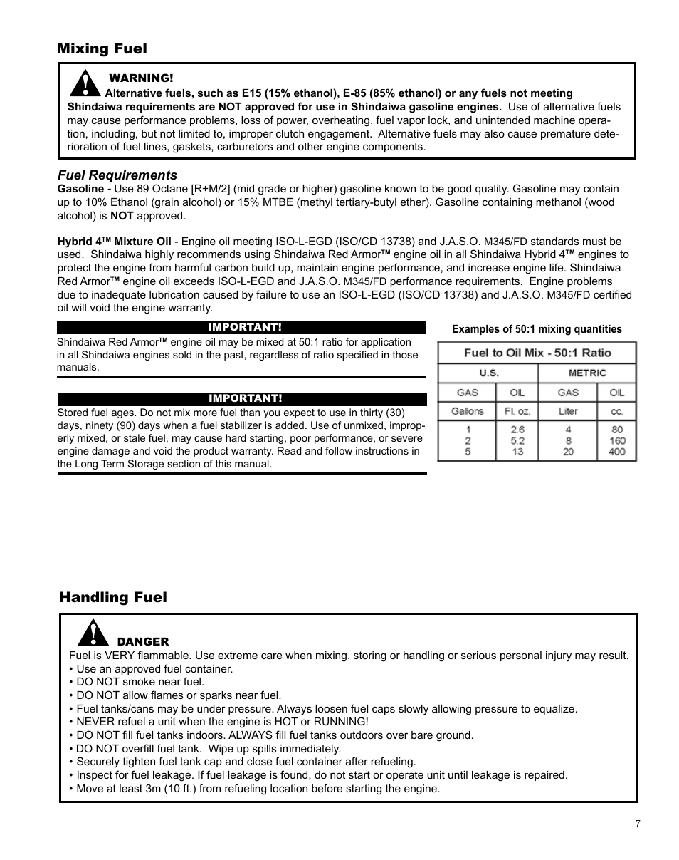 Handling fuel, Mixing fuel | Shindaiwa HT254EF User Manual | Page 7 / 28