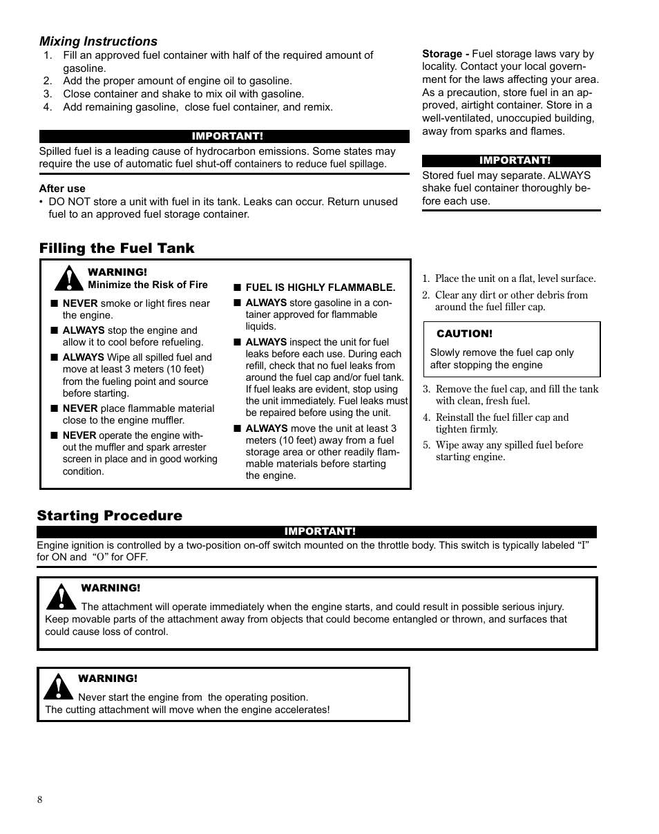 Starting procedure, Filling the fuel tank | Shindaiwa HT254EF User Manual | Page 8 / 28