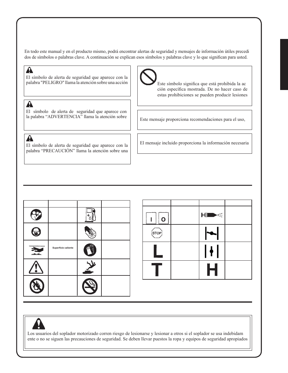 Advertencia, Ímbolos, Internacionales | Condición, Personal, Equipos, Seguridad, Eguridad símbolos, Información, Importante | Shindaiwa EB212 User Manual | Page 27 / 72