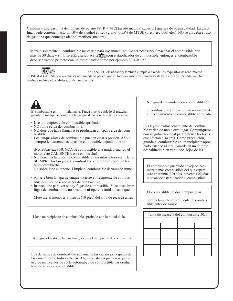 Manipulación del combustible advertencia, Requisitos del combustible | Shindaiwa EB212 User Manual | Page 34 / 72