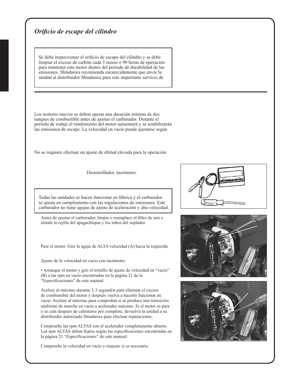 Rodaje del motor, Ajuste de altitud elevada, Orificio de escape del cilindro | Shindaiwa EB212 User Manual | Page 42 / 72