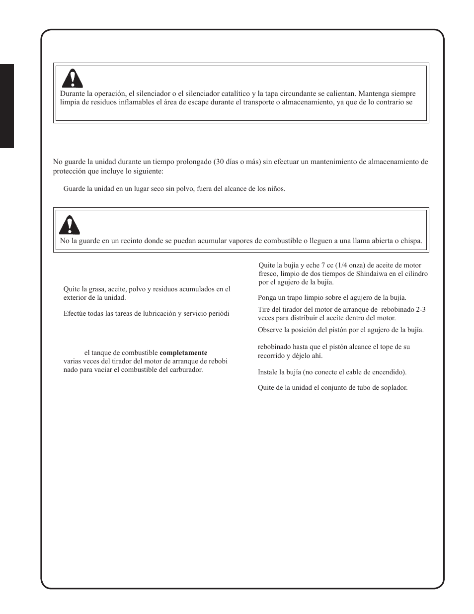 Almacenamiento a largo plazo (más de 30 días), Advertencia, Lmacenamiento | Shindaiwa EB212 User Manual | Page 44 / 72