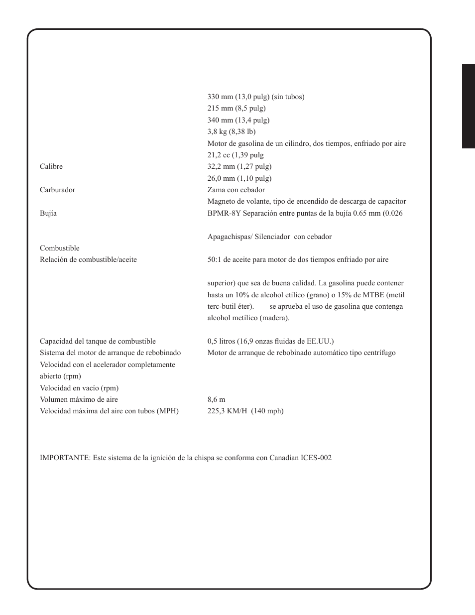 Specificaciones | Shindaiwa EB212 User Manual | Page 45 / 72