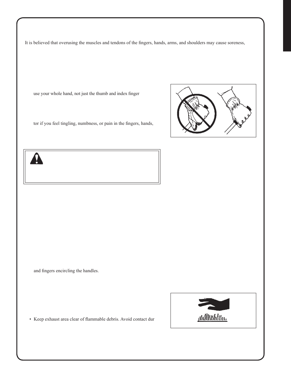 Warning, Read the manuals, Clear the work area | Keep a firm grip, Keep a solid stance, Avoid hot surfaces, Repetitive stress injuries | Shindaiwa EB212 User Manual | Page 5 / 72