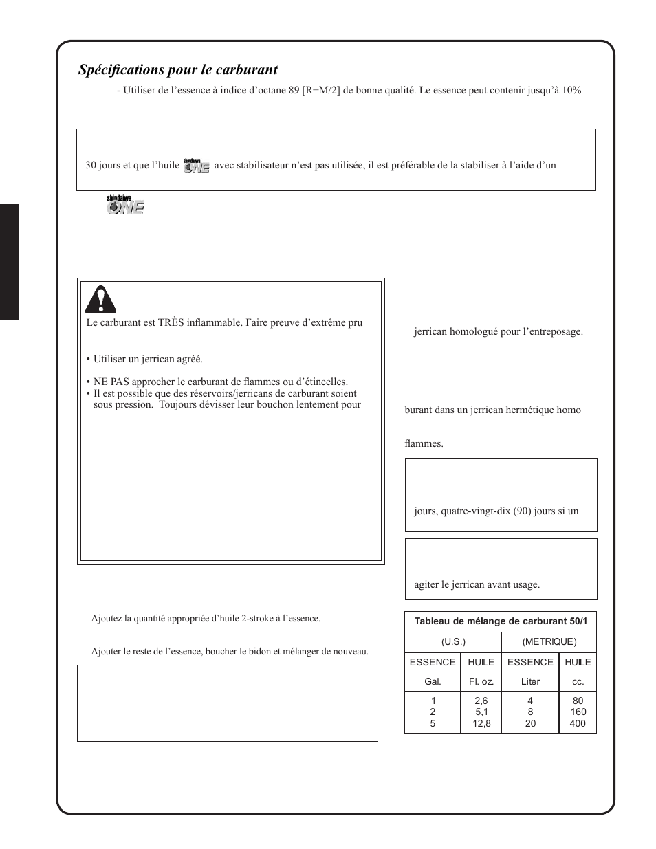 Manipulation du carburant danger, Spécifications pour le carburant, Instructions de mélange | Shindaiwa EB212 User Manual | Page 58 / 72