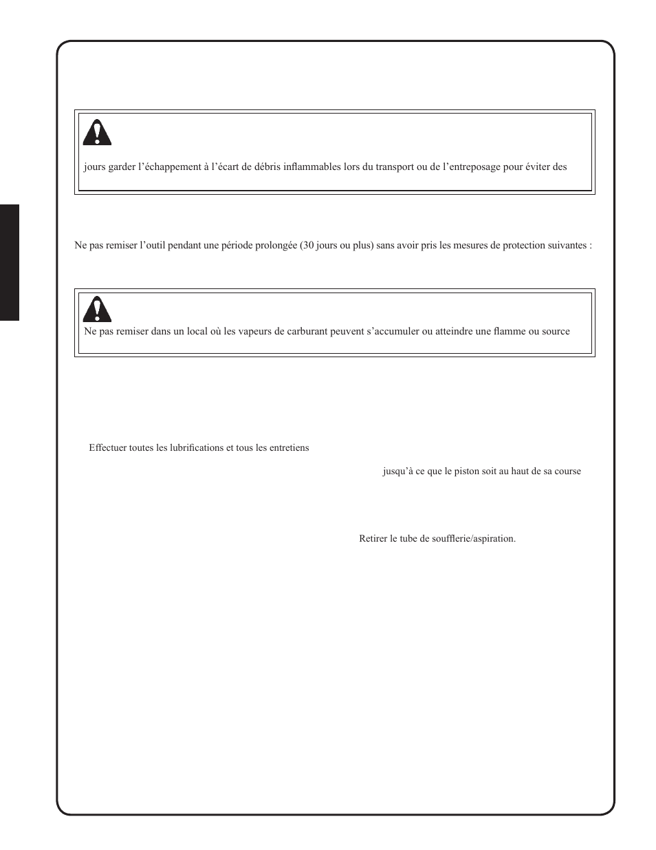 Remisage à long terme (plus de 30 jours), Avertissement, Danger | Emisage | Shindaiwa EB212 User Manual | Page 68 / 72