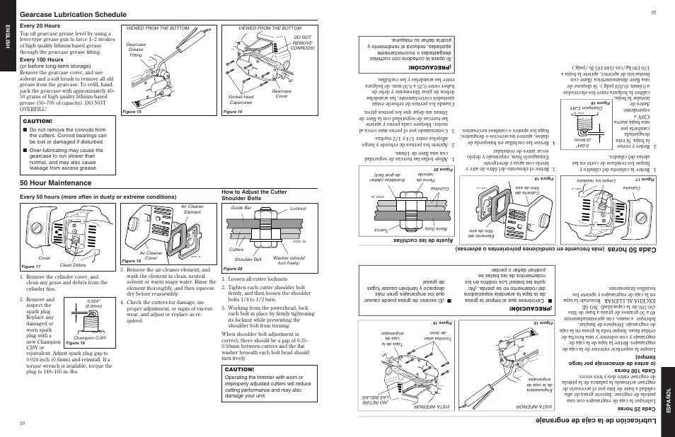 Gearcase lubrication schedule 50 hour maintenance, Lubricación de la caja de engranaje cada 50 horas | Shindaiwa 80775 User Manual | Page 10 / 16