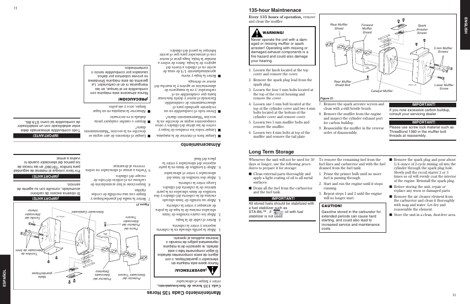 Hour maintnenace, Long term storage, Mantenimiento cada 135 horas | Almacenamiento | Shindaiwa 80775 User Manual | Page 11 / 16