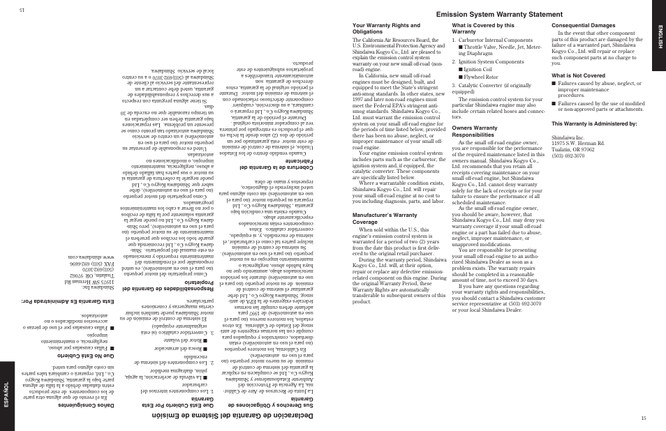 Emission system warranty statement, Declaración de garantía del sistema de emisión | Shindaiwa 80775 User Manual | Page 15 / 16