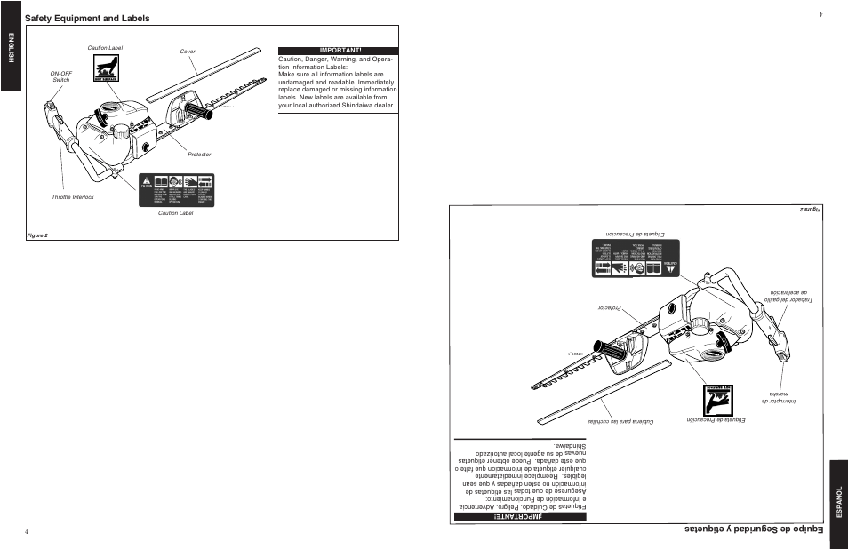 Safety equipment and labels, Equipo de seguridad y etiquetas | Shindaiwa 80775 User Manual | Page 4 / 16
