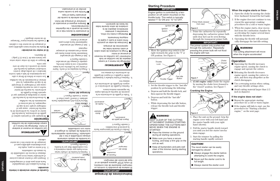 Starting procedure, Operation, Instrucciones de arranque | Operación | Shindaiwa 80775 User Manual | Page 7 / 16