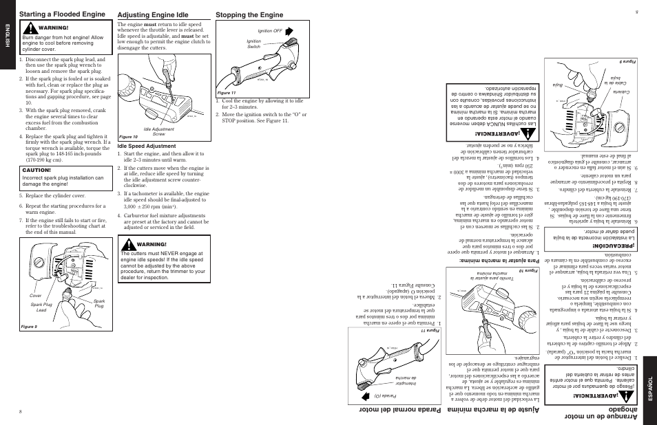 Adjusting engine idle stopping the engine, Starting a flooded engine, Ajuste de la marcha mínima parada normal del motor | Arranque de un motor ahogado | Shindaiwa 80775 User Manual | Page 8 / 16