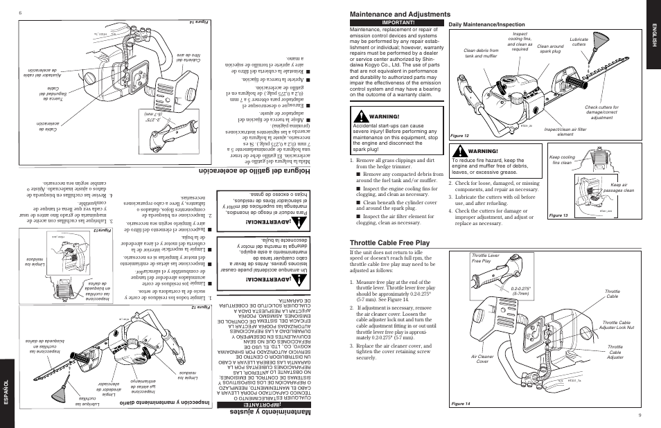 Maintenance and adjustments, Throttle cable free play, Mantenimiento y ajustes | Holgura del gatillo de aceleración | Shindaiwa 80775 User Manual | Page 9 / 16