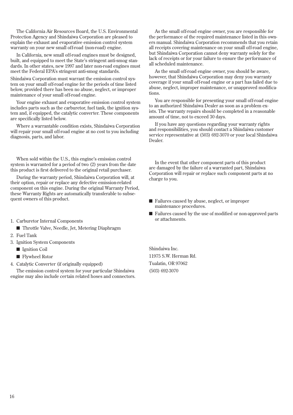Emission system warranty statement | Shindaiwa 68907-94311 User Manual | Page 16 / 56