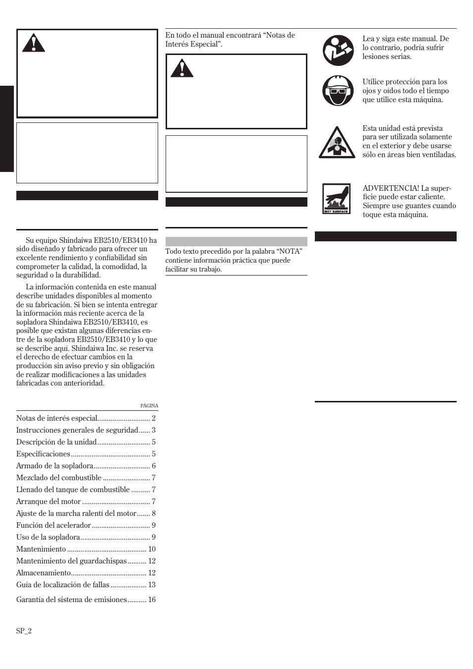 Introducción, Notas de interés especial, Índice | Shindaiwa 68907-94311 User Manual | Page 20 / 56