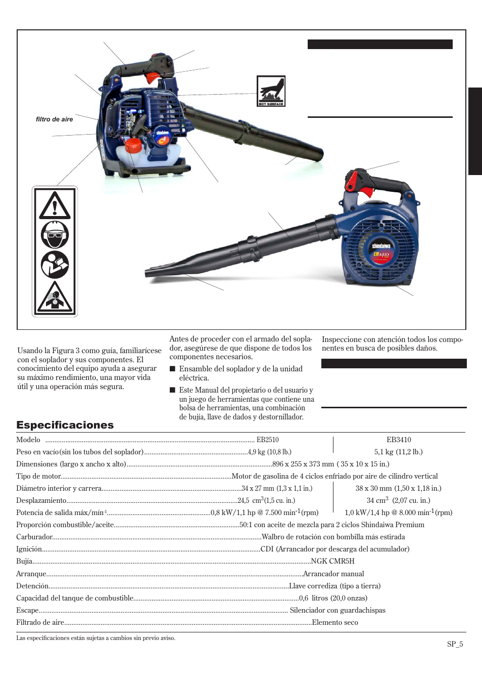 Descripción de la unidad, Especificaciones | Shindaiwa 68907-94311 User Manual | Page 23 / 56