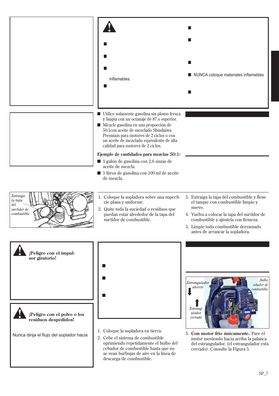 Mezclado del combustible, Llenado del tanque de combustible, Arranque del motor | Shindaiwa 68907-94311 User Manual | Page 25 / 56