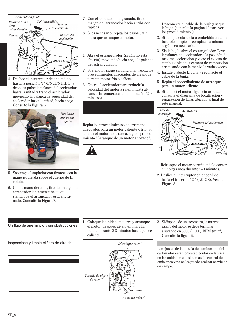 Arranque del motor (continuación), Ajuste de la marcha ralentí del motor | Shindaiwa 68907-94311 User Manual | Page 26 / 56