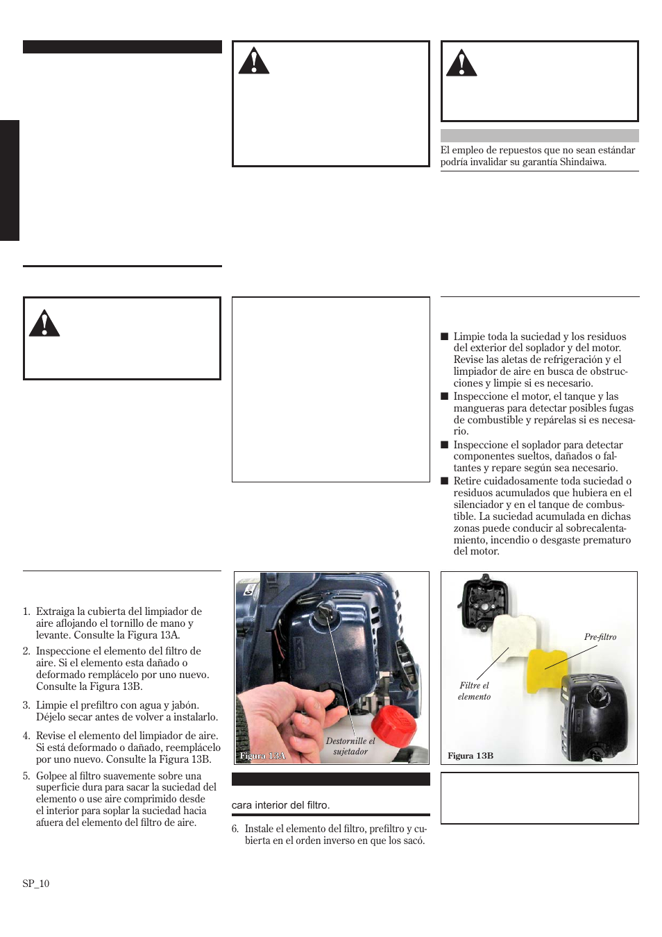 Mantenimiento mantenimiento diario, Cada 10 horas | Shindaiwa 68907-94311 User Manual | Page 28 / 56