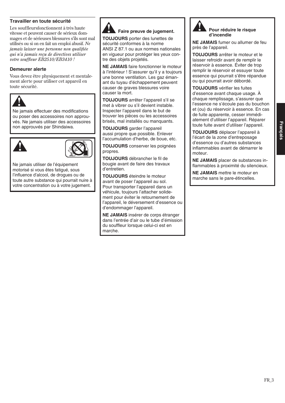Mesures de sécurité générales | Shindaiwa 68907-94311 User Manual | Page 39 / 56