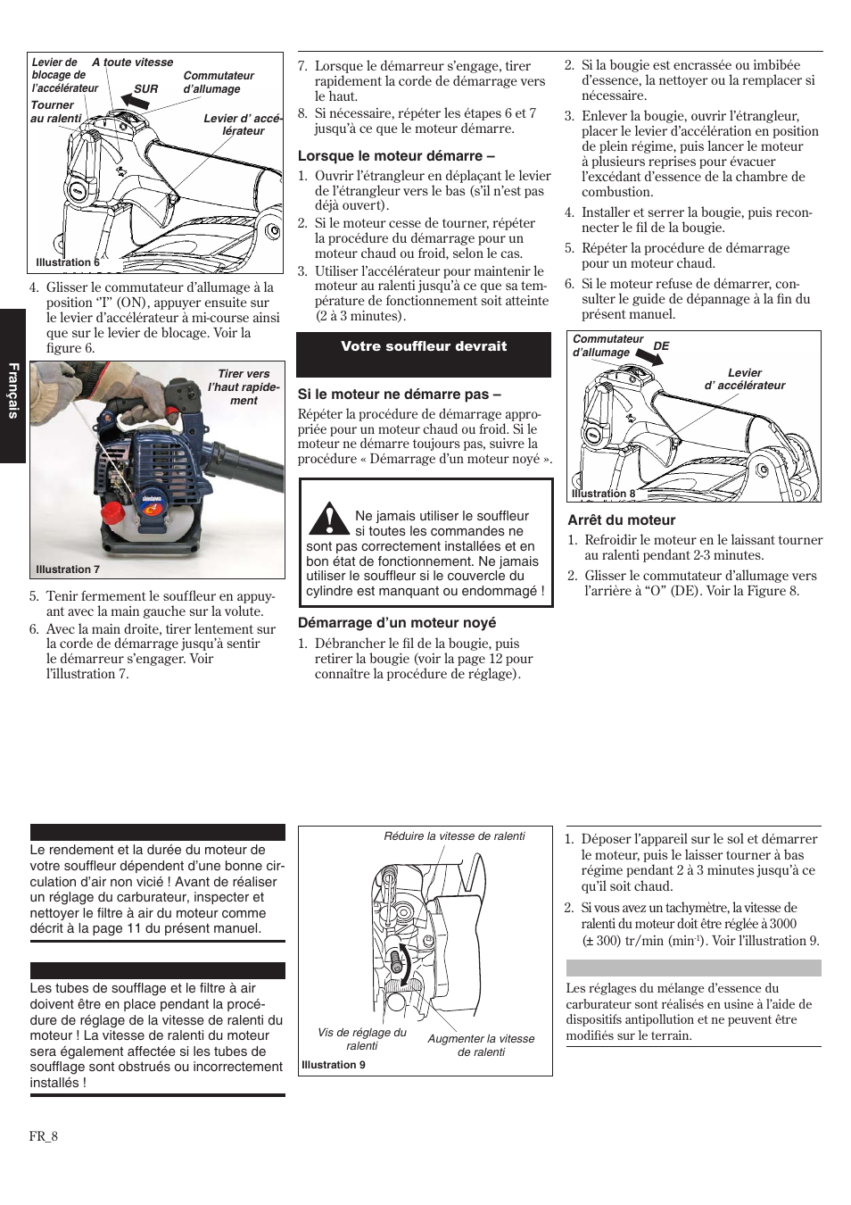 Démarrage du moteur (suite), Réglage du régime de ralenti du moteur | Shindaiwa 68907-94311 User Manual | Page 44 / 56
