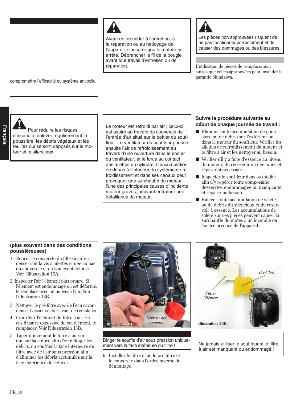 Entretien entretien quotidien, Après 10 heures | Shindaiwa 68907-94311 User Manual | Page 46 / 56