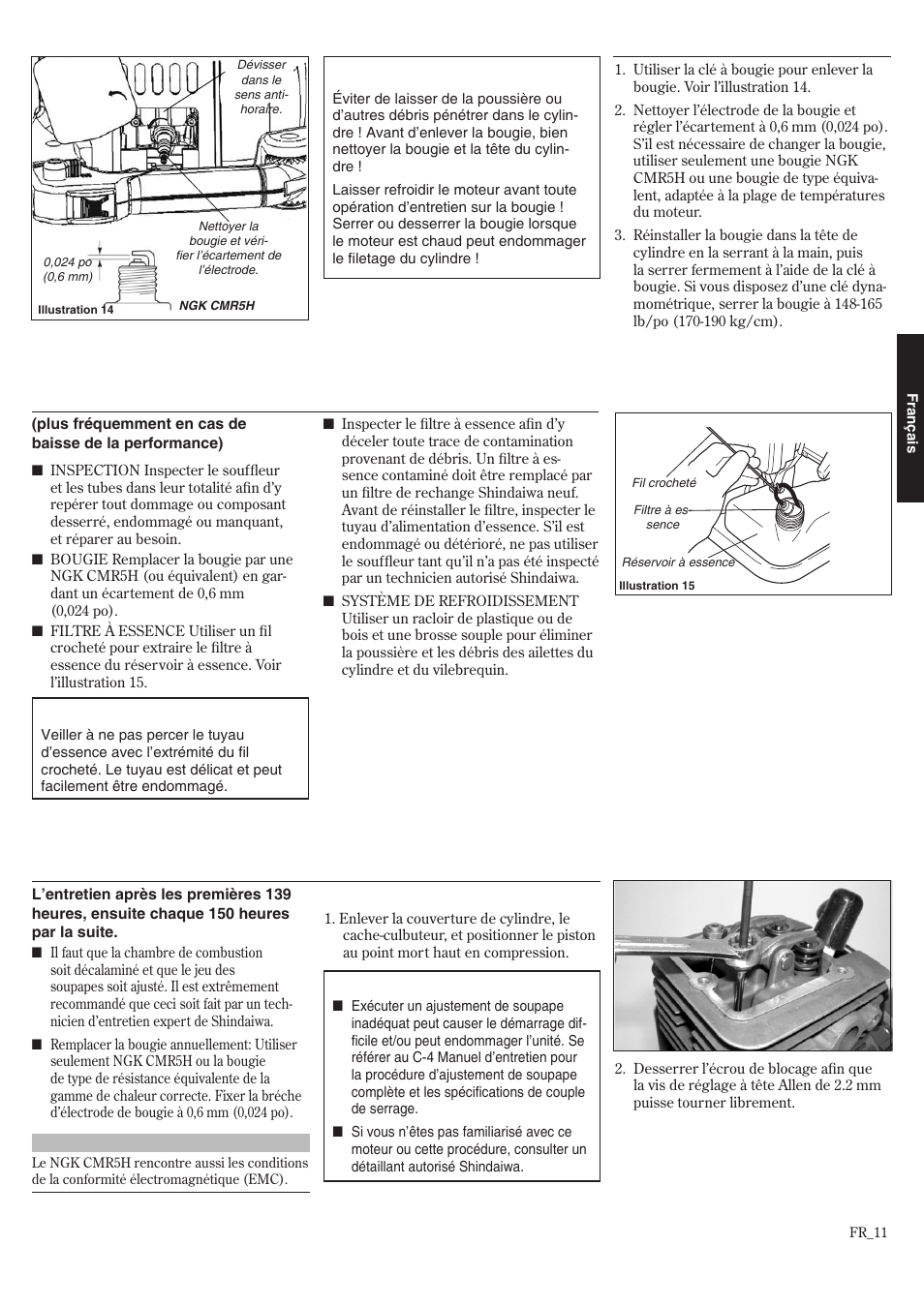 Après 50 heures, Toutes les 10 à 15 heures | Shindaiwa 68907-94311 User Manual | Page 47 / 56